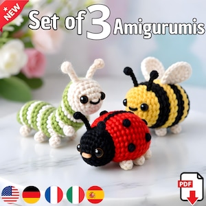 Può includere: Set di 3 Amigurumi. L'immagine mostra tre amigurumi all'uncinetto: un bruco verde e bianco, una coccinella rossa con pois neri e un'ape gialla e nera. Le figure hanno facce sorridenti e sono fatte a mano.