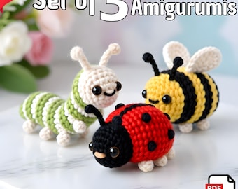 Paquete de patrones de mini insectos amigurumi de primavera (3 patrones) – Oruga, abeja y mariquita de ganchillo en PDF, linda decoración kawaii de primavera