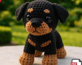 Amigurumi Rottweiler Dog Crochet Pattern – Easy DIY Plushie Tutorial, Cute Kawaii Stuffed Animal, PDF Download, Gift for Kids