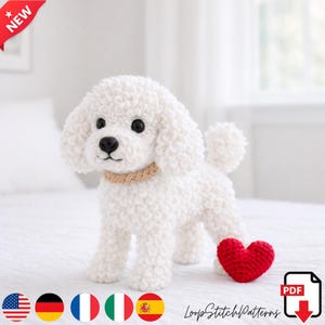 May include: A white crochet poodle with a tan collar and black eyes. A red crochet heart sits beside the dog. The dog has a fluffy, textured appearance. The image includes the text "LoopStitchPatterns".