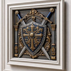May include: A square wall plaque featuring a central blue shield with gold filigree and a cross, flanked by two crossed swords with blue grips. The relief is framed in white, with gold architectural columns and ornate scrollwork detailing.