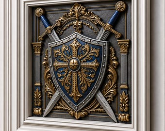 Crossed Swords and Shield 3D Wall Art STL & 3MF File, Medieval Relief, Knight Home Decor, Digital Download