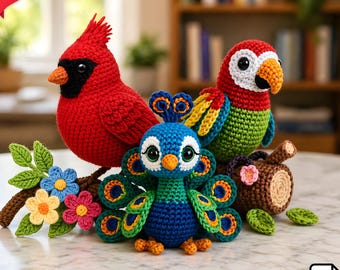 Realistic Amigurumi Bird Patterns PDF | Parrot, Cardinal & Peacock Crochet Pattern Set | Detailed Bundle