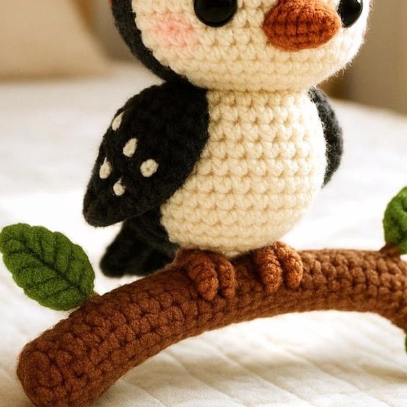 Crochet woodpecker bird, handmade amigurumi plush, soft woodland animal collectible