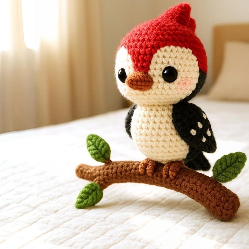 Cute crochet woodpecker doll, handmade amigurumi bird plushie, woodland nursery decor