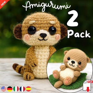 Könnte beinhalten: Ein handgefertigtes Amigurumi-Erdmännchen und -Otter, beide aus braunem und beigem Garn gehäkelt. Das Erdmännchen hat große schwarze Augen und rosa Wangen. Der Otter liegt auf einem grünen Blatt. Der Text "Amigurumi 2 Pack" ist enthalten.