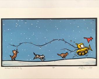 Original relief print-artist proof from Bulldozer’s Christmas Dig, by Eric Rohmann.  8.75”x 14.5”