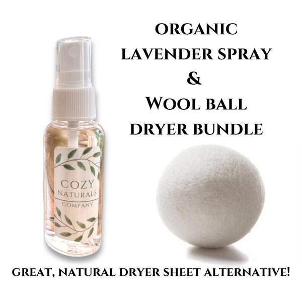Organic wool ball & lavender essential oil spray dyer bundle. Place in dryer as a healthier alternative to a dryer sheet! Great natural gift