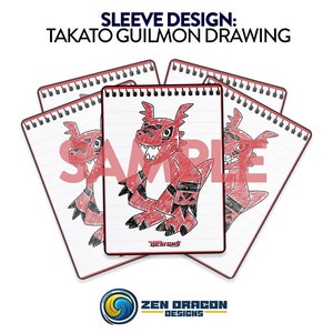 May include: A red and black cartoon drawing of Guilmon, a Digimon character, on a white notebook page. The drawing is repeated on multiple pages, with the text "ZEN DRAGON DESIGNS" at the bottom of the image.