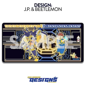 May include: A black and yellow mousepad with a design featuring two characters from the Digimon anime series. The characters are J.P. and Beetlemon. The mousepad has a digital design with a yellow and blue border.