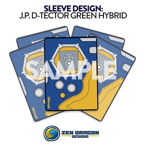 May include: A blue and yellow D-tector card sleeve with the text "J.P. D-tector Green Hybrid" and "Zen Dragon Designs".