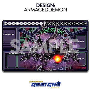 May include: A purple and black gaming mat with a demon design. The mat features a circular design with a demon in the center. The demon is surrounded by a circle of runes. The mat also features a grid for tracking game progress.