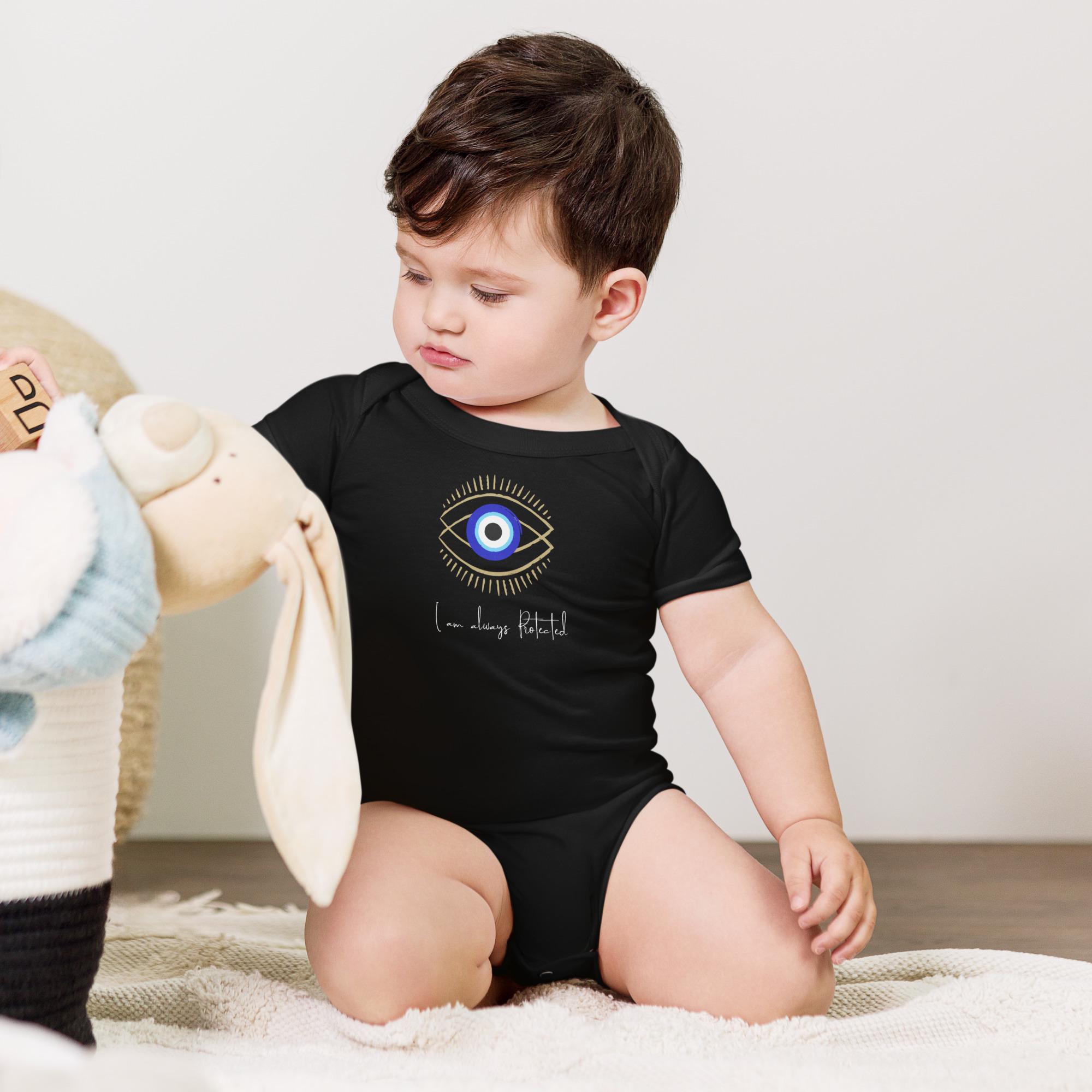 Evil eye I am always protected Baby short sleeve one piece, Whimsical Italian inspired protection, bodysuit for baby shower gift