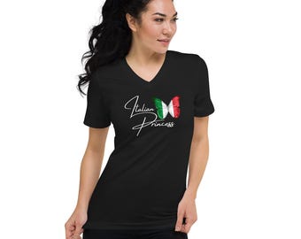 Italian princess Unisex Short Sleeve V-Neck T-Shirt, Italian inspired shirts for women, Italian flag butterflies