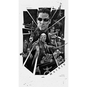 May include: Black and white poster featuring characters from The Matrix movie. The central figure wears sunglasses, surrounded by other characters with guns and motorcycles. The word "MATRIX" is displayed at the bottom.