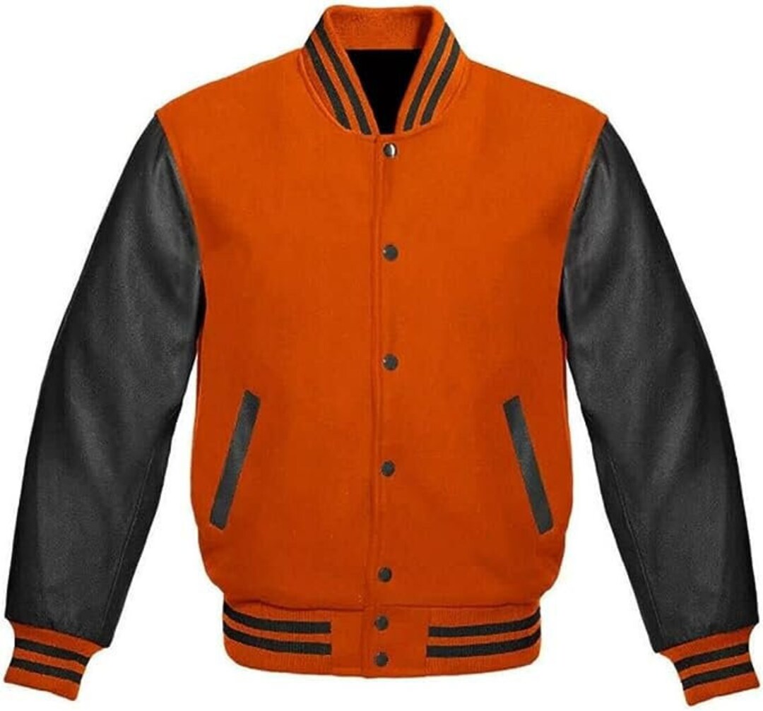 Men's Orange Varsity Jacket With Leather Sleeve and Etsy