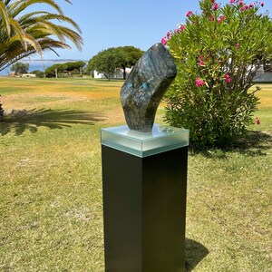 May include: A large, dark green and blue stone sculpture on a black pedestal with a glass top. The sculpture is in an outdoor setting with green grass and a palm tree in the background.