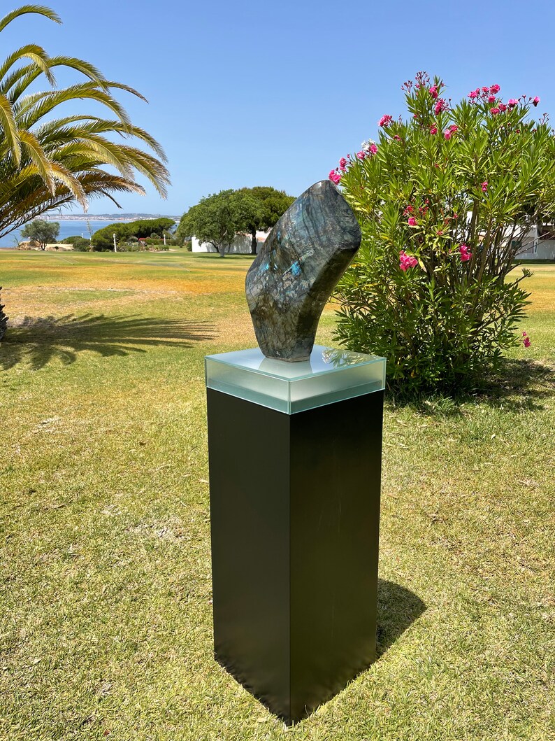May include: A large, dark green and blue stone sculpture on a black pedestal with a glass top. The sculpture is in an outdoor setting with green grass and a palm tree in the background.