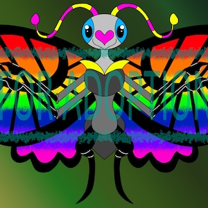 Peut inclure: Illustration d'un papillon de dessin animé aux ailes arc-en-ciel. Le papillon a un corps gris, un nez en forme de cœur rose et de grands yeux bleus. Les ailes sont soulignées en noir et présentent un dégradé de couleurs, dont le rouge, l'orange, le jaune, le vert, le bleu et le violet.