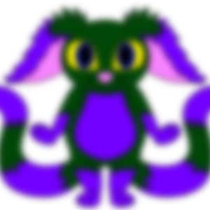 以下が含まれることがあります： 大きな目とピンクの鼻を持つ、紫と緑の生き物の漫画のイラスト。生き物は2本の長い尻尾を持ち、2本の足で立っています。
