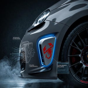 Puede incluir: Un parachoques delantero de coche gris con un logotipo de escorpión rojo, iluminación LED azul y una superposición de diagrama técnico con el texto Tecnologia di Precisione, Migliora l'aerodinamica y Cover Abarth Esclusiva, resaltando el flujo de aire.