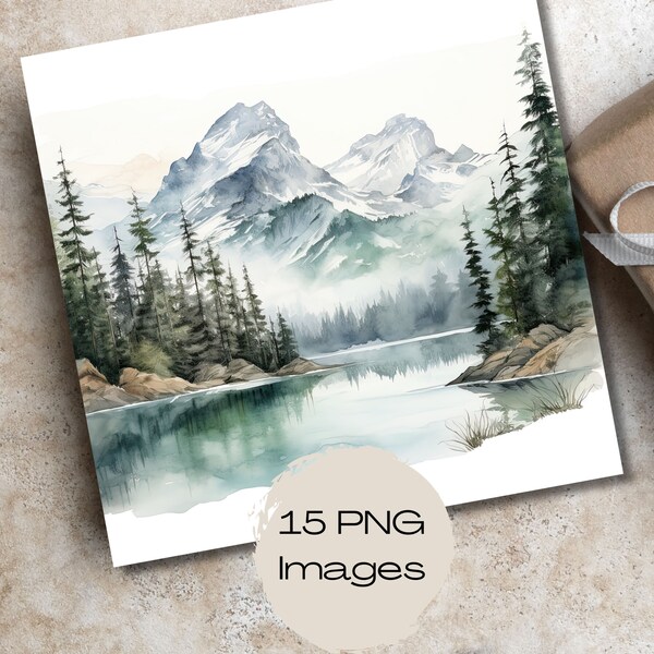 Watercolor Winter Scenes | Set of 15 Art Images | Winter Mountain Scenes | Landscape Graphics | Digital Printable Download | Gift for Her