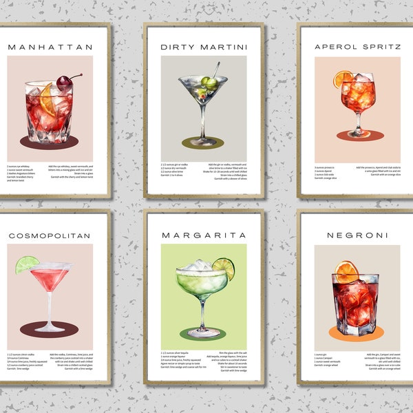 Cocktail Art Prints | Set of 6 Prints | Watercolor Cocktail Art | Cocktail Recipes | Bar Art | Gallery Wall Art | | Instant Download |
