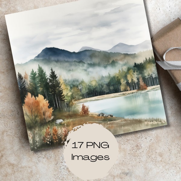 Watercolor Fall Scenes | Set of 17 Art Images | Fall Mountain Scenes | Landscape Graphics | Digital Printable | Instant Download