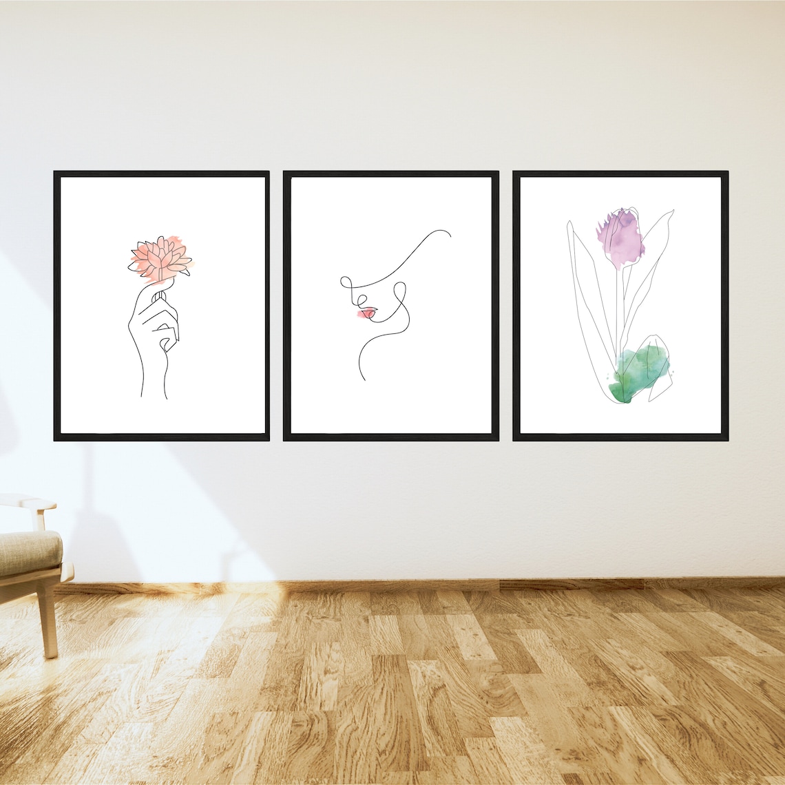 Set of 3 Line Drawings With Color Abstract Line Art Etsy