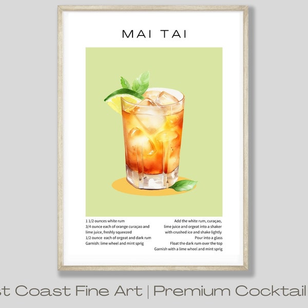 Mai Tai | Cocktail Art Print | Watercolor Cocktail Art | With Recipe | Bar Art | Gallery Wall Art | | Instant Download | JPEG 5 Sizes