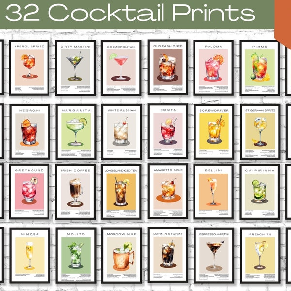 Cocktail Art | Mega Bundle | Set of 32 | Watercolor Prints | Alcohol Recipes Bar Art | Digital Cocktail Recipe Art | Download | Gift for Her