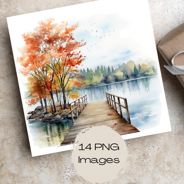 Watercolor Fall Scenes | Set of 14 Art Images | Watercolor Autumn Scenes | Landscape Graphics | Digital Printable Download | Gift for Her