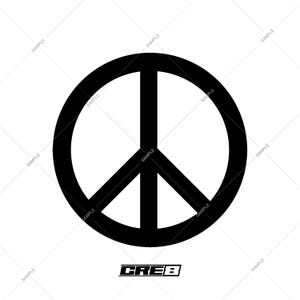 Pode incluir: Símbolo de paz preto e branco. O símbolo é um círculo com uma linha no meio e dois semicírculos de cada lado da linha.