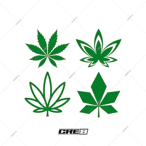 Puede incluir: Cuatro diseños de hojas de cannabis verdes sobre un fondo blanco. Las hojas varían en estilo, incluyendo una hoja naturalista detallada y versiones geométricas estilizadas. La palabra "CREB" está en blanco y negro en la parte inferior.