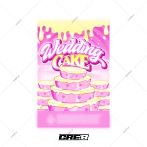 May include: A pink and white wedding cake with dripping yellow icing. The cake is decorated with white dots and the words "Wedding Cake" are written in pink and yellow letters.