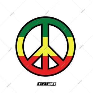Pode incluir: Um sinal de paz com um esquema de cores vermelho, amarelo e verde. O sinal de paz é contornado em preto. O texto "CRE8" está abaixo do sinal de paz.