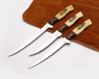 3 Pc Carbon steel Fillet Knife Set With Leather Roll Kit Anniversary Gift for Husband Birthday Gift for Father Groomsmen Gift