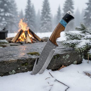 Coltello da caccia fatto a mano in acciaio di Damasco con gancio per intestino, personalizzato, con fodero in vera pelle, regalo per cacciatori, regalo personalizzato