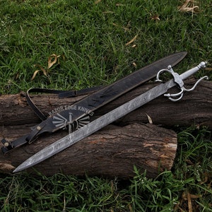 Handmade Damascus Steel Rapier Sword With Leather Sheath, Medieval Sword, best wedding gift for him,MASTER swords, gift for him/boyfriend