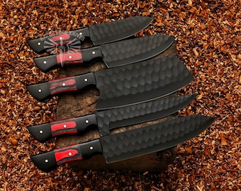 Custom Handmade Damascus Steel Chef Knife Set of 5 Pieces With Blue Exotic Wood Handle Gift for Husband Kitchen Knife Set Anniversary Gift