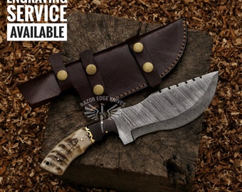 11.5" Custom Handmade Damascus Steel Tracker Knife With Rose Wood & Ram Horn Handle And Leather Sheath Gift For Husband Hunting Knife Gift