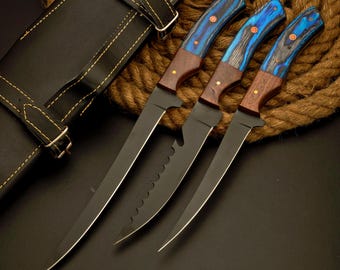 3 Pc Carbon steel Fillet Knife Set With Leather Roll Kit Anniversary Gift for Husband Birthday Gift for Father Groomsmen Gift