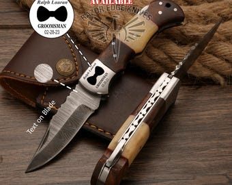 FOLDING KNIFE Handmade Damascus Steel Pocket Folding Knife With Leather Sheath  Personalized Gift for Wedding Christmas Gift for Boyfriend