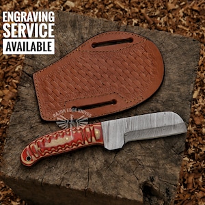8"Custom Handmade Damascus Steel Cow Bull Cutter Knife With Exotic Wood Handle And Customize Leather Sheath Gift For Dad Engraved BullCutter
