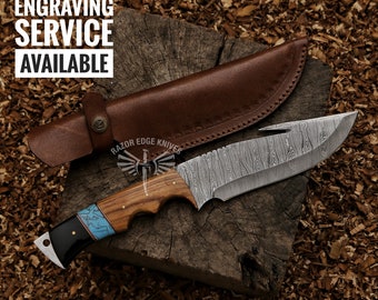 Custom Handmade Damascus Steel Gut Hook Hunting Knife With Pure Leather Sheath Hunting Knife Gift Gift For Hunters Personalized Gift