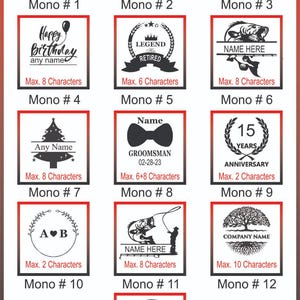 May include: A collection of customizable design templates with text options. Designs include wedding rings, a mustache with "Best Dad", a birthday design, and fishing-themed graphics. Each design has a maximum character limit.