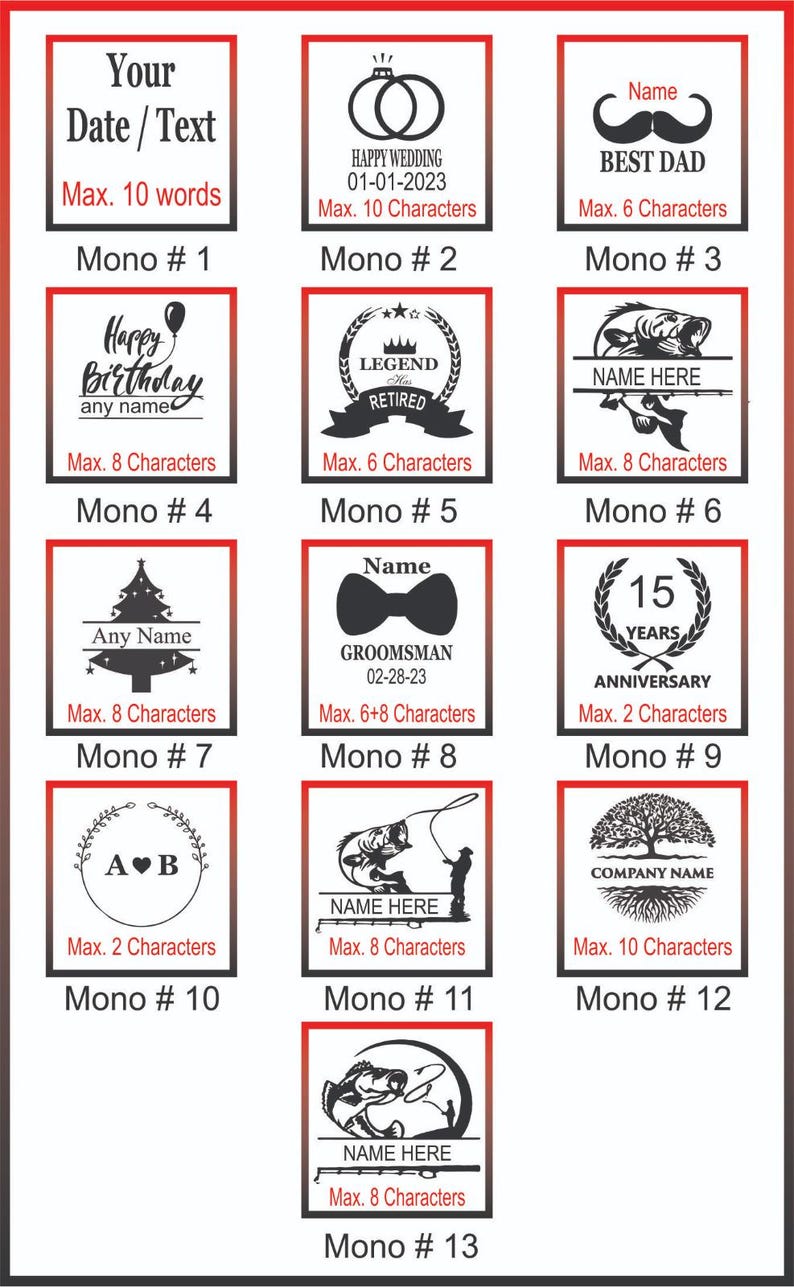 May include: A collection of customizable design templates with text options. Designs include wedding rings, a mustache with "Best Dad", a birthday design, and fishing-themed graphics. Each design has a maximum character limit.