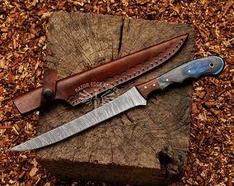 Handmade Damascus Steel Flexible Blade Knife with Leather Cover Best Gift For Fishermen Anniversary Gift For Husband Birthday Gift For Dad