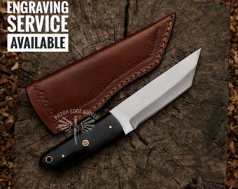 8" Tanto knife with leather sheath gift for father tanto knife with Buffalo Horn Handle camping knife best grip knife groomsmen gift