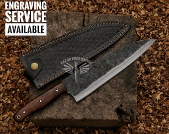 13" Custom Handmade Carbon Steel Chef Knife With Rose Wood Handle And Leather Sheath Anniversary Gift Personalized Engraved Knife Gift